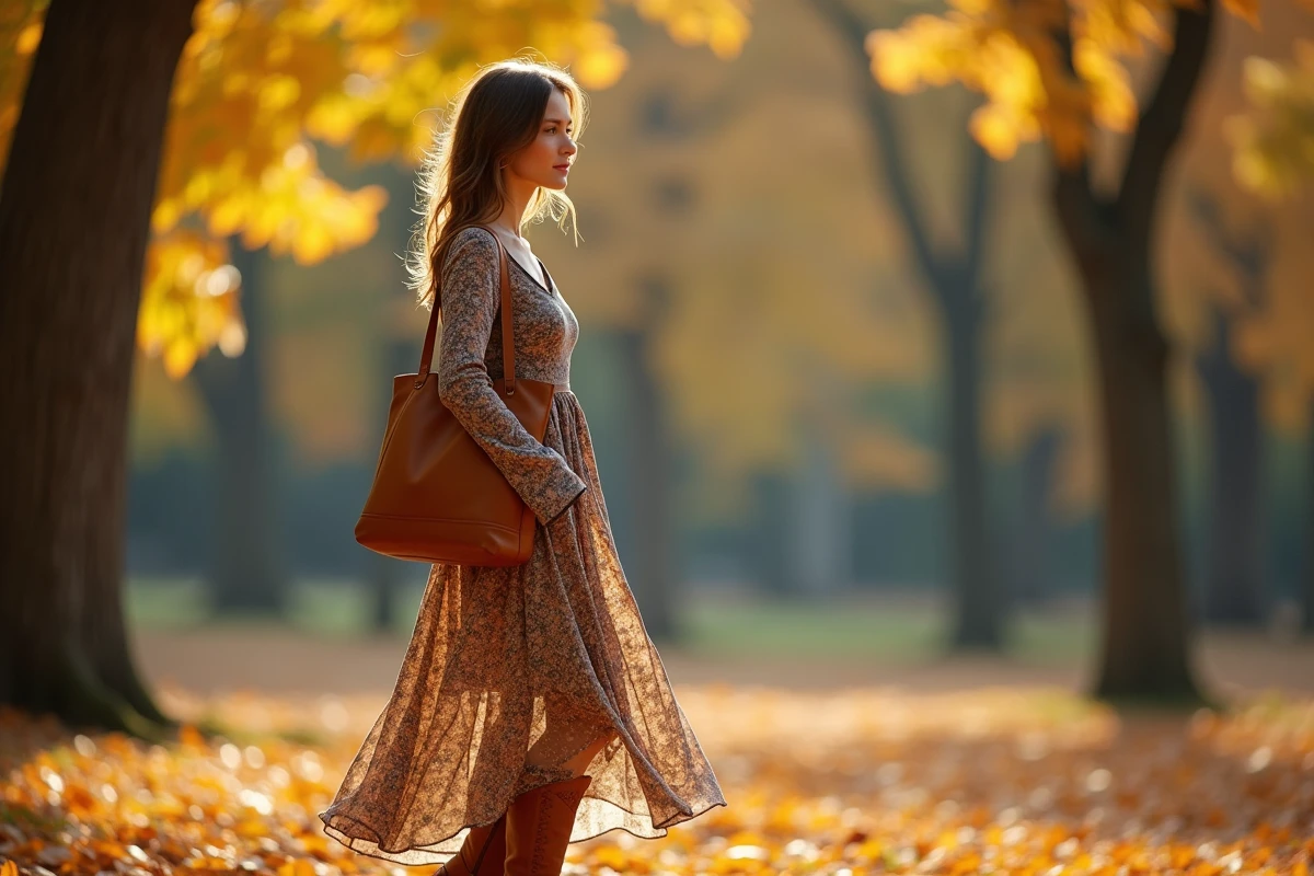 Femme en robe midi fleurie et santiags cognac dans un parc en automne avec feuilles mortes et sac en cuir camel