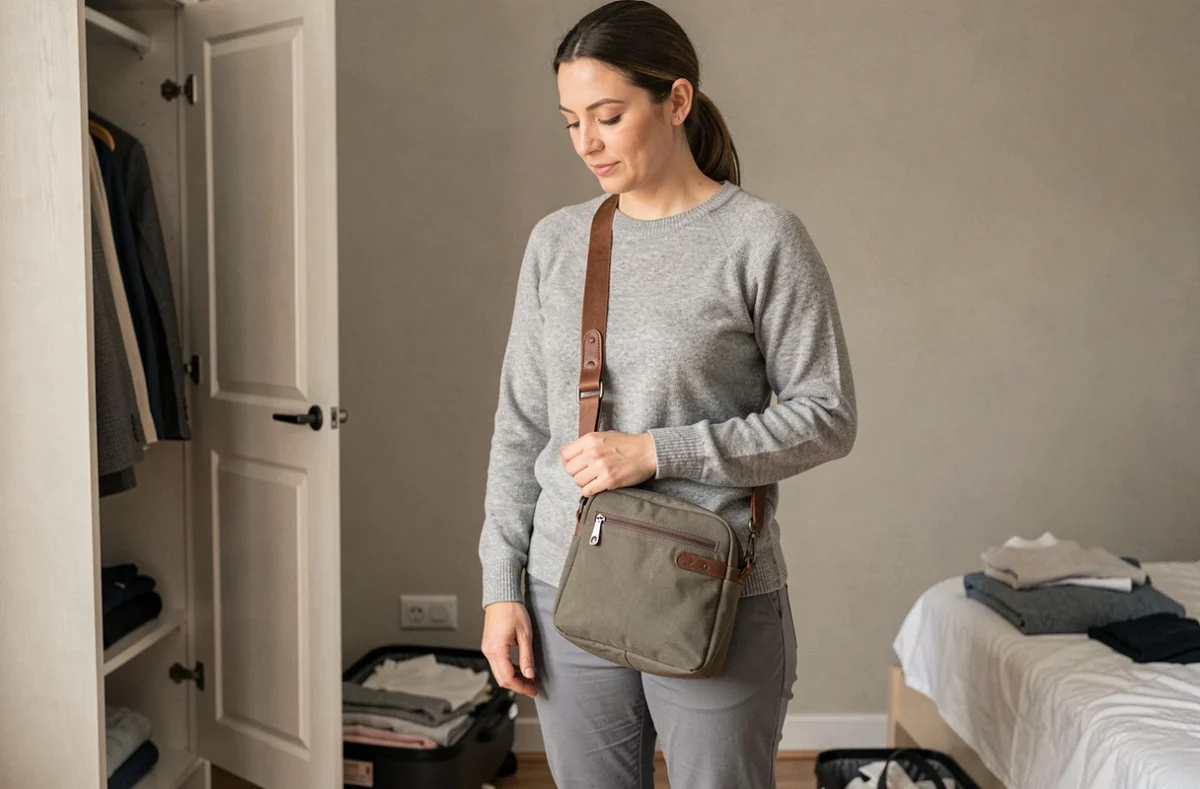 Femme testant la taille d'un sac à main de voyage crossbody à la maison avant un départ en voyage
