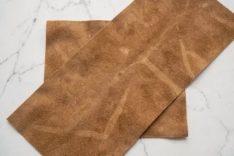 Gros plan sur un tissu en daim caramel posé sur marbre blanc, révélant la texture veloutée et les nuances naturelles du matériau