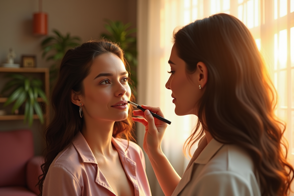 Deux femmes avec des visages ronds en train de faire un tutoriel maquillage dans un salon moderne