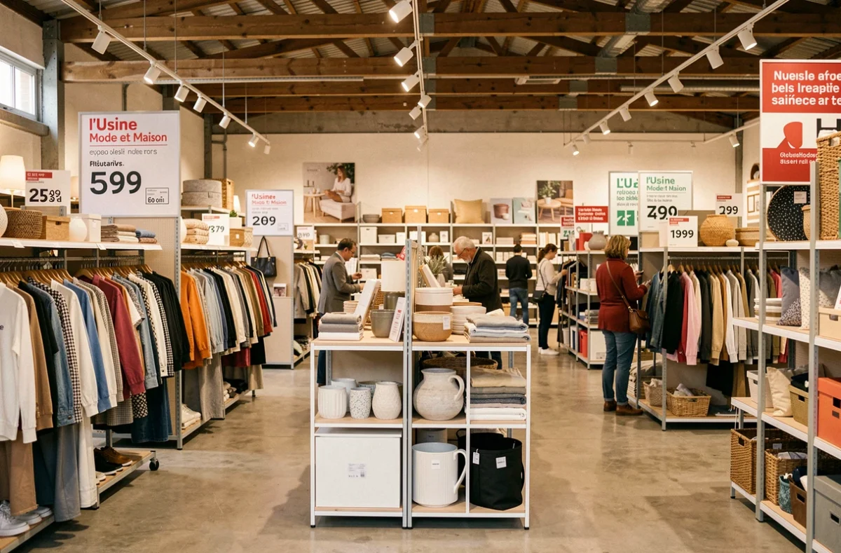 Intérieur du magasin d'usine L'Usine Mode et Maison avec ses rayons de vêtements et articles de décoration à prix réduits
