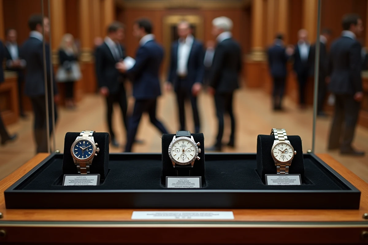 Présentation de montres de luxe rares en vente aux enchères, dont une Patek Philippe et une Rolex Daytona sur velours noir