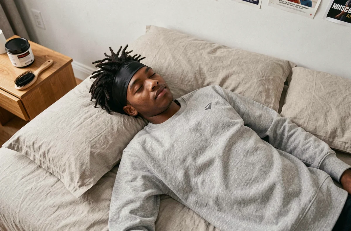Adolescent allongé sur son lit avec un wave cap et un durag sur ses cheveux crépus courts dans une chambre